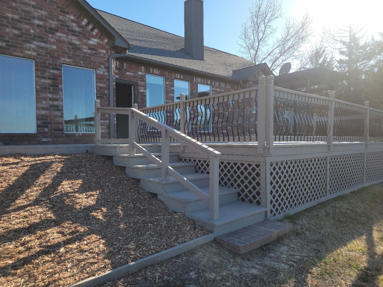 Finished wood deck, stairs and railing