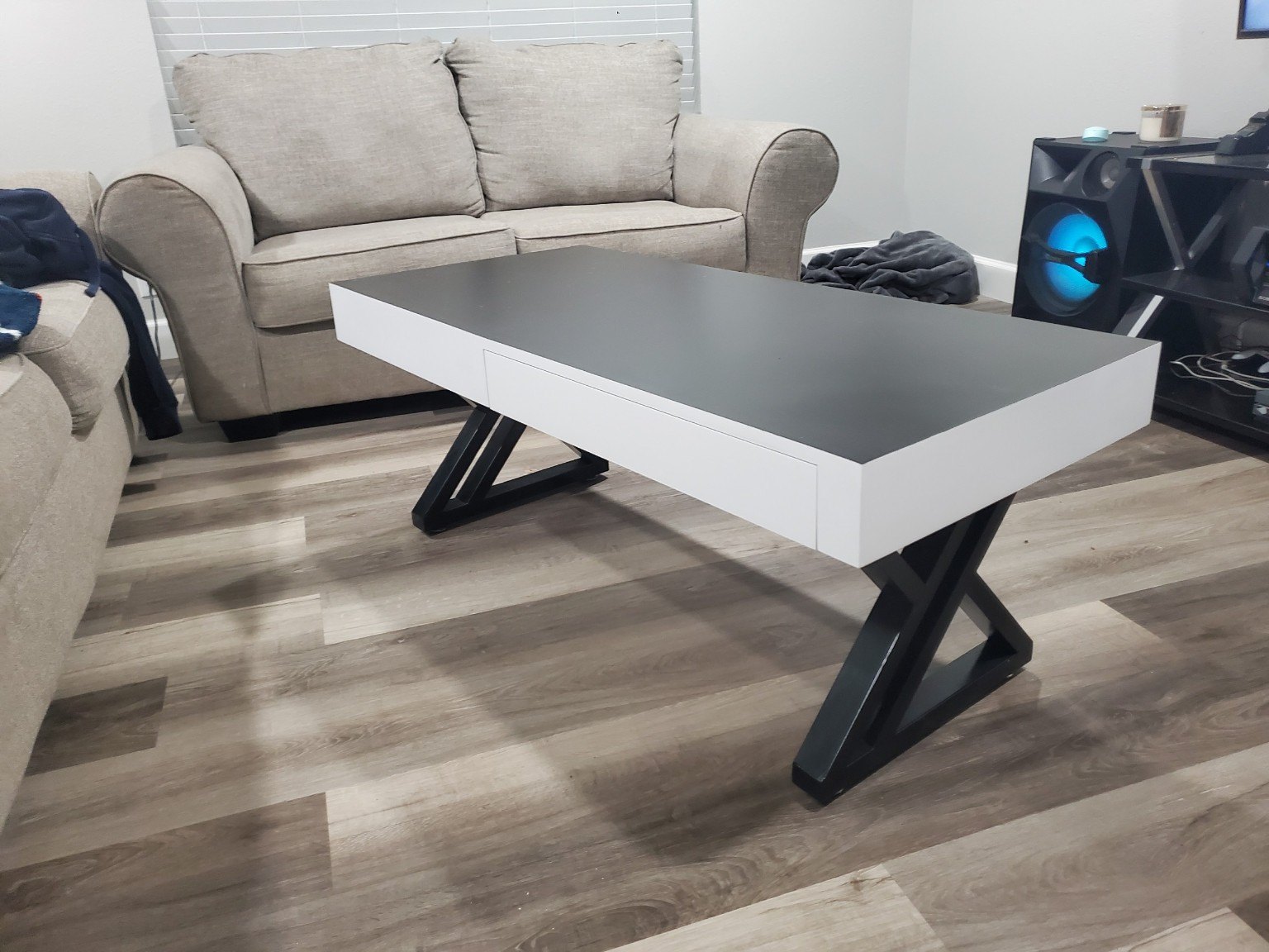 Finished custom wood table with substantial timber base