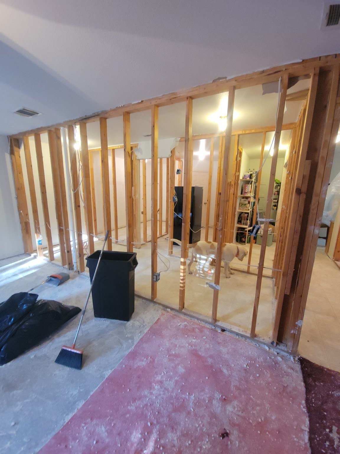 Interior remodeling in progress with structural framing visible